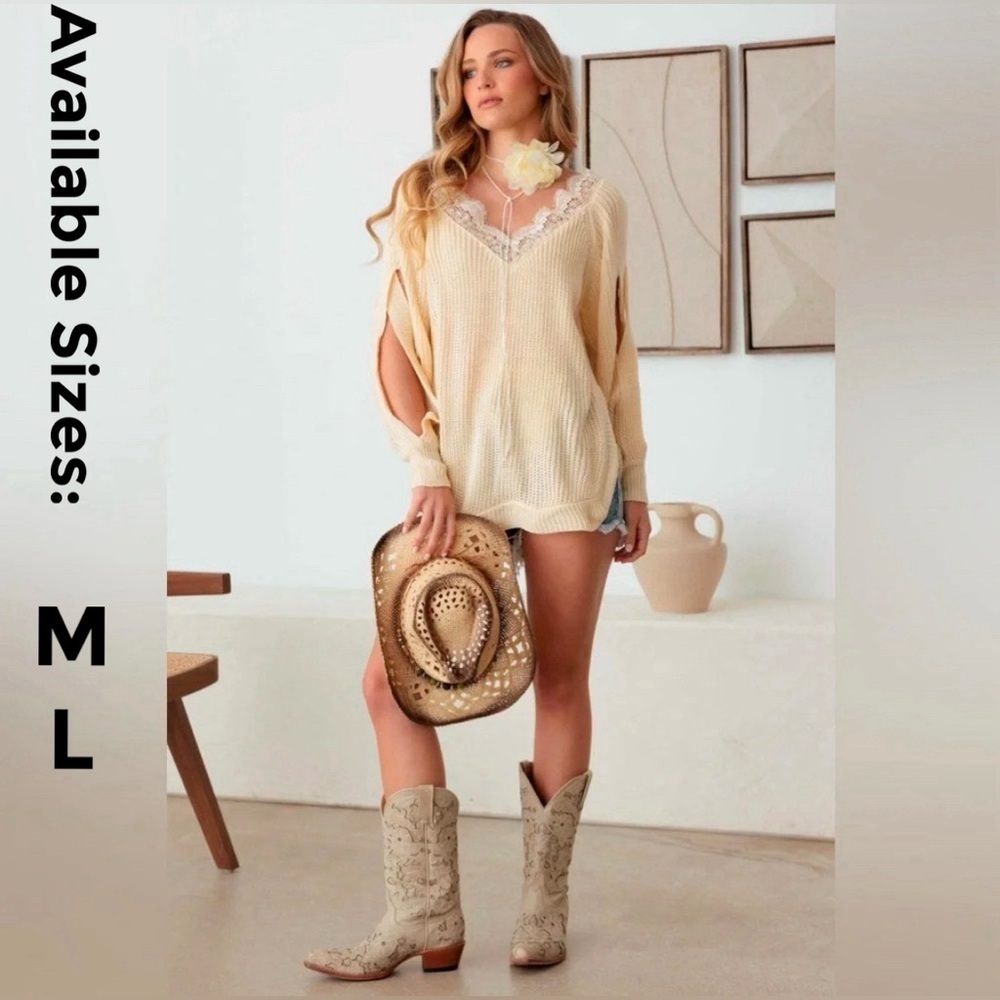 NWT-Beige Lace Side Slits Cut Out Sleeve Sweater Top